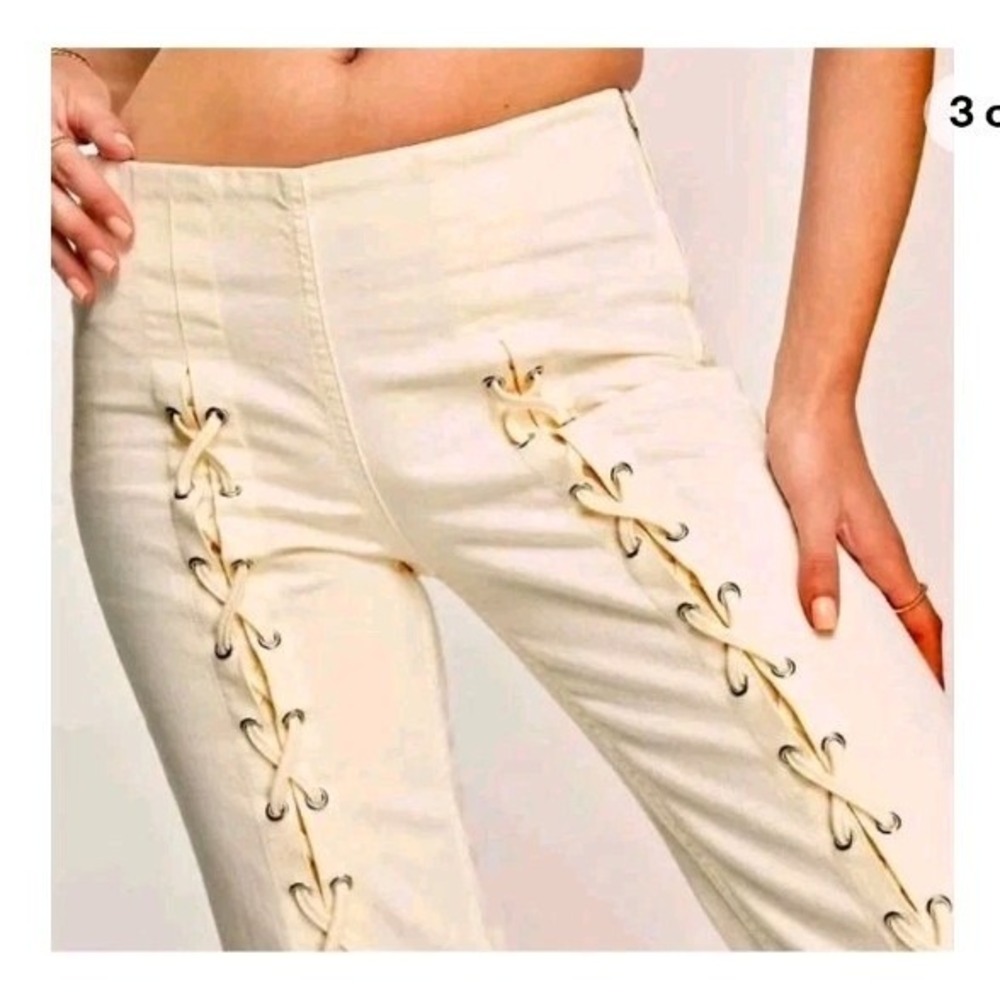 & Other Stories Womens Lace Up Jeans 8 Ecru 100% Cotton Side Zip 31x30